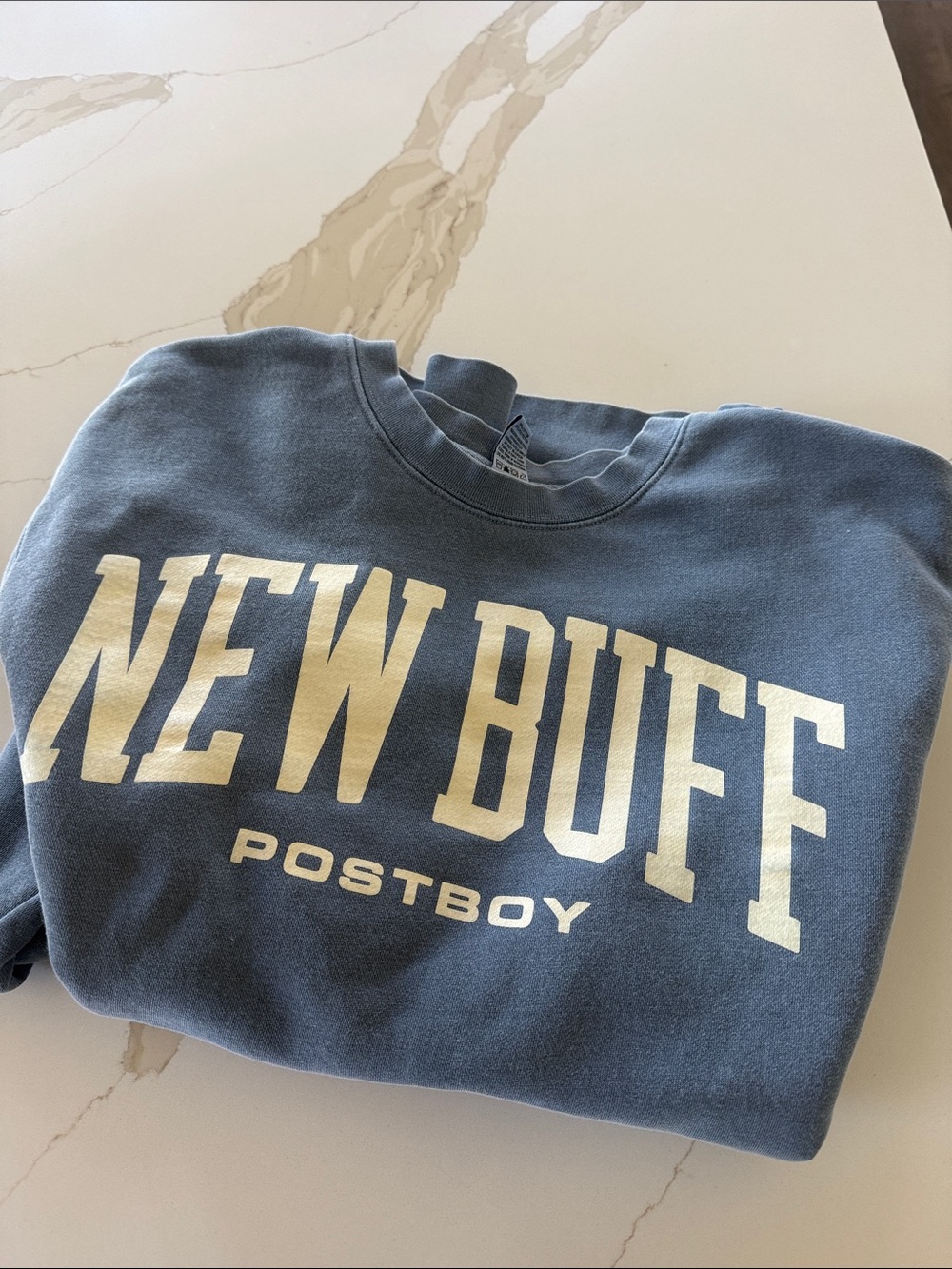 NEW BUFF Postboy Graphic Crewneck Sweatshirt - Slate Blue with Cream Print